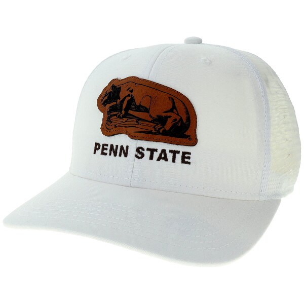 white trucker hat with Nittany Lion Shrine engraved leather patch above embroidered Penn State